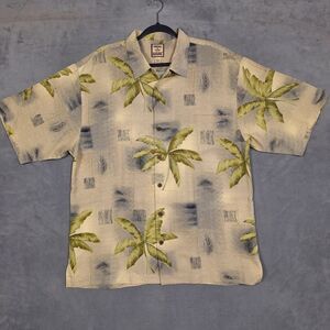 Tommy Bahama Mens Hawaiian Shirt Large Yellow Silk palm tree loop collar‎ camp